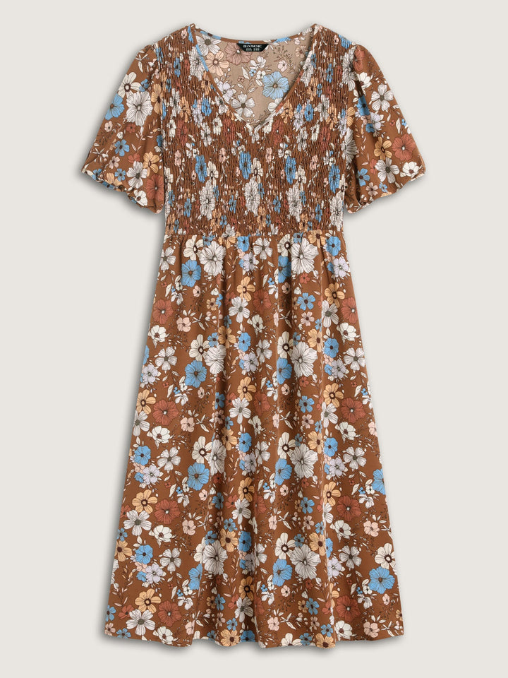 Fall Florals Shirred Bodice Midi Dress
