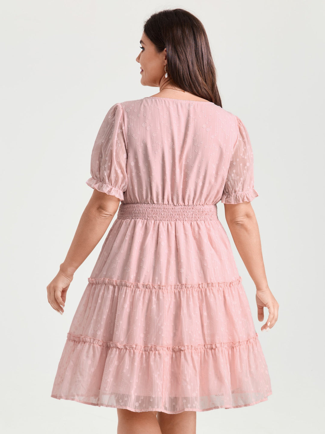 Polka Dots Shirred Cuff Sleeve Tiered Mini Dress