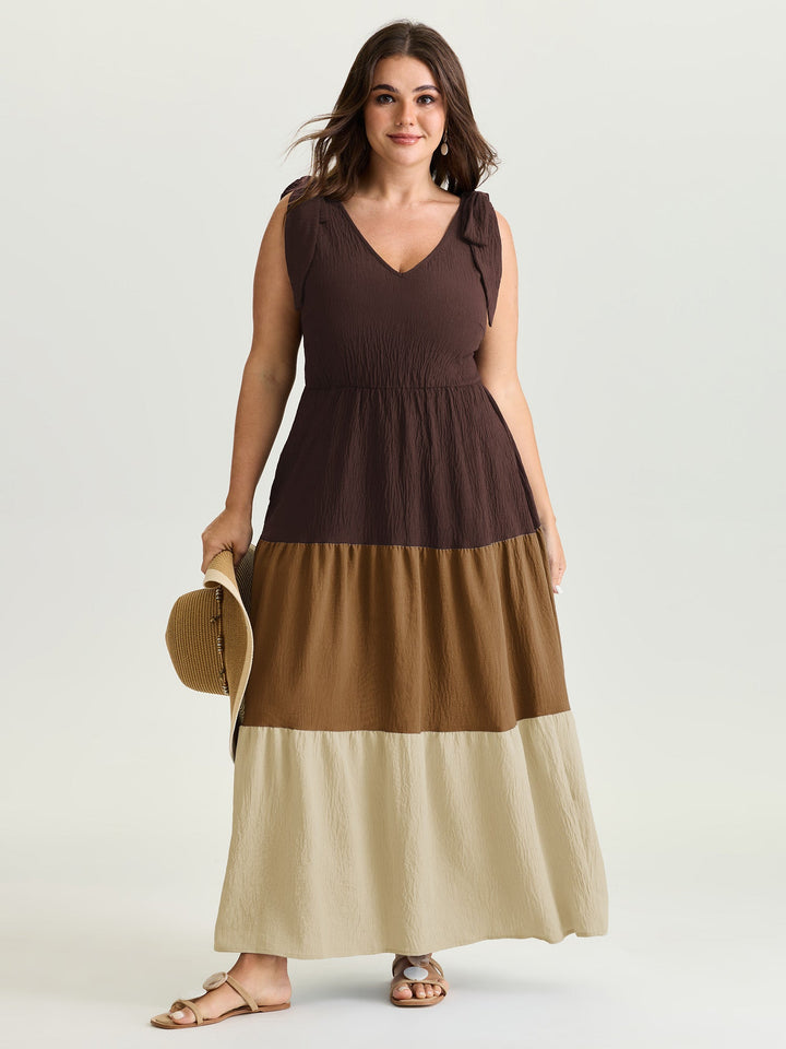Colorblock Shoulder-Tie Tiered Maxi Dress