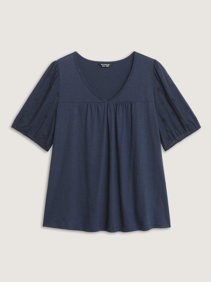 Cotton Slub Textured Embroidered Knit Top
