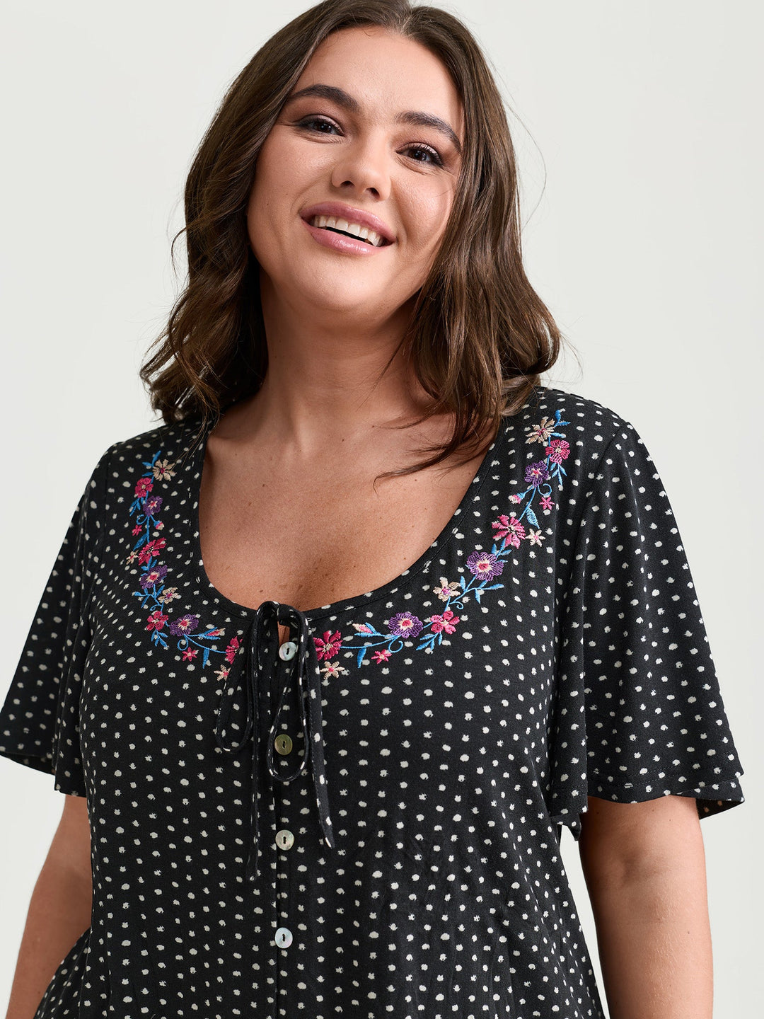 Colorful Floral Embroidered Neckline Polka Dot Top