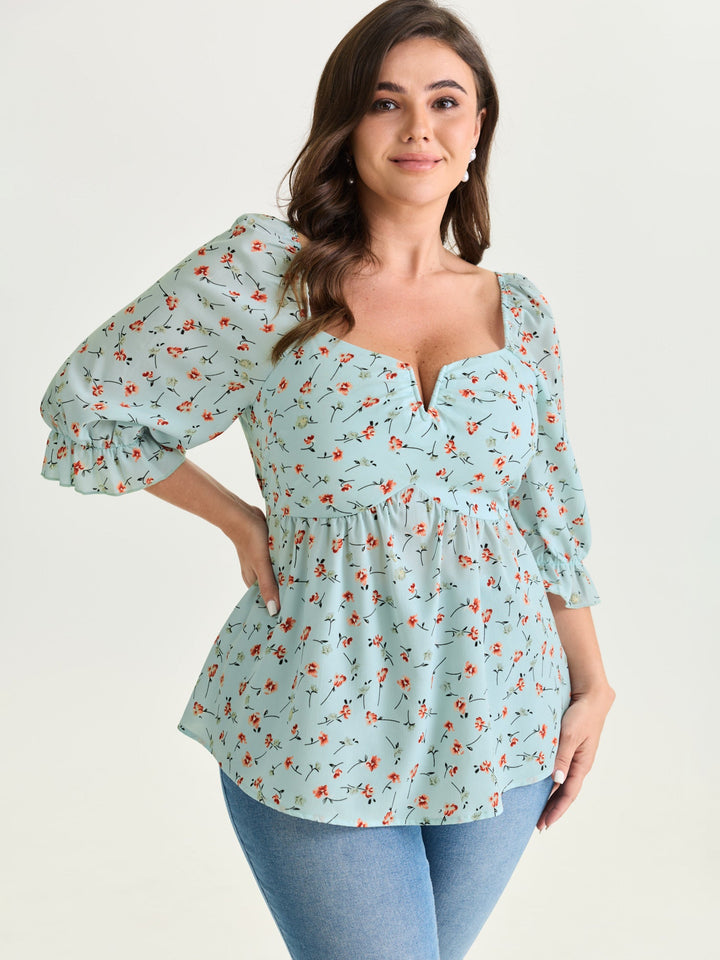 Floral Print Shirred Cuff Sleeve Blouse