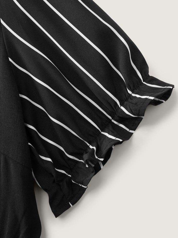 Striped Ribbon Neckline Contrast Midi Dress