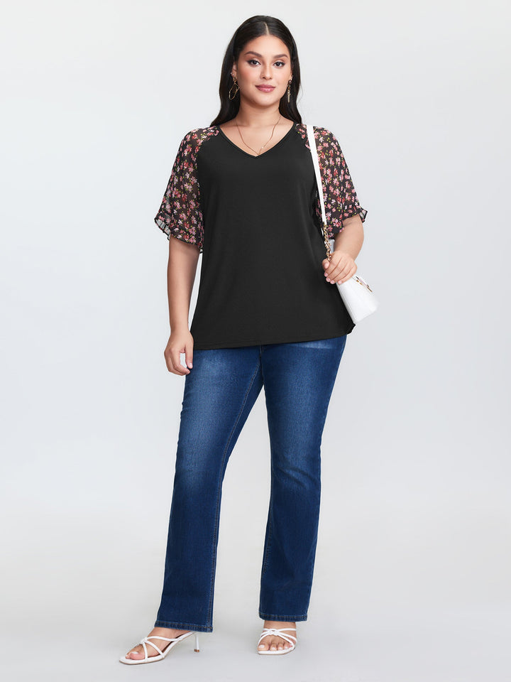 Sheer Floral Print Ruffled Cuff Sleeve Top