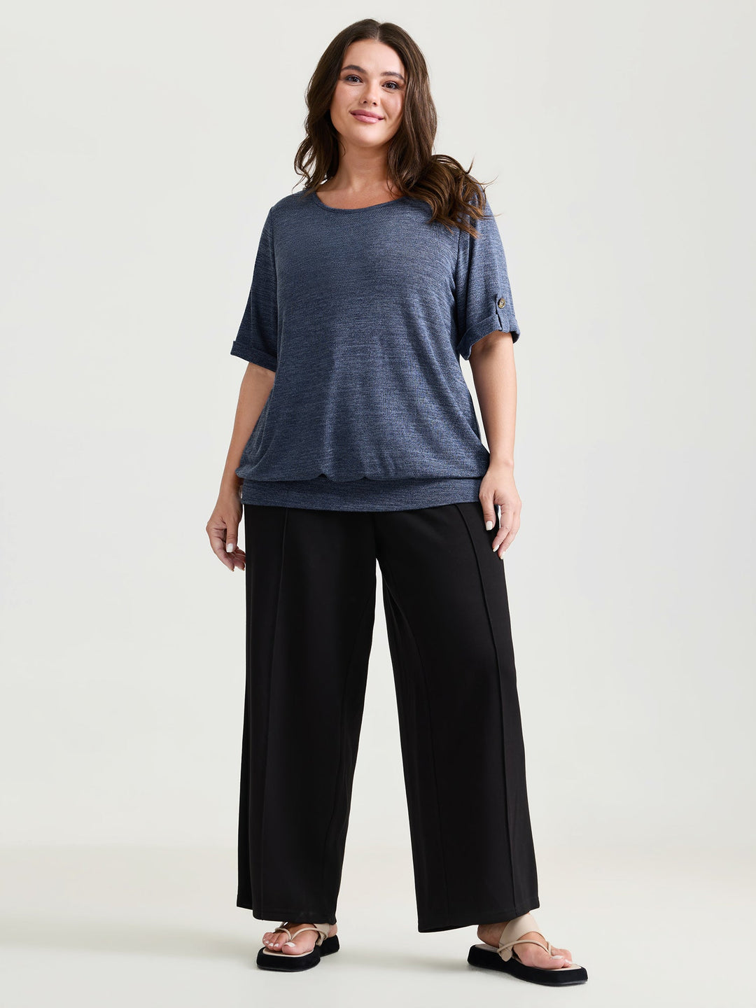 Stretchy Plain Folded Cuff Sleeve T-Shirt