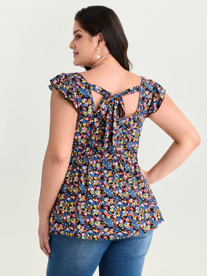 Floral Print Shirred Wide Straps Blouse