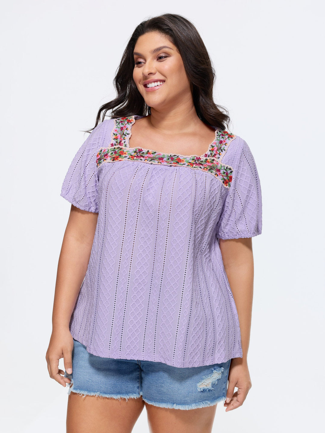 Eyelet Trim Floral Embroidered Solid T-Shirt