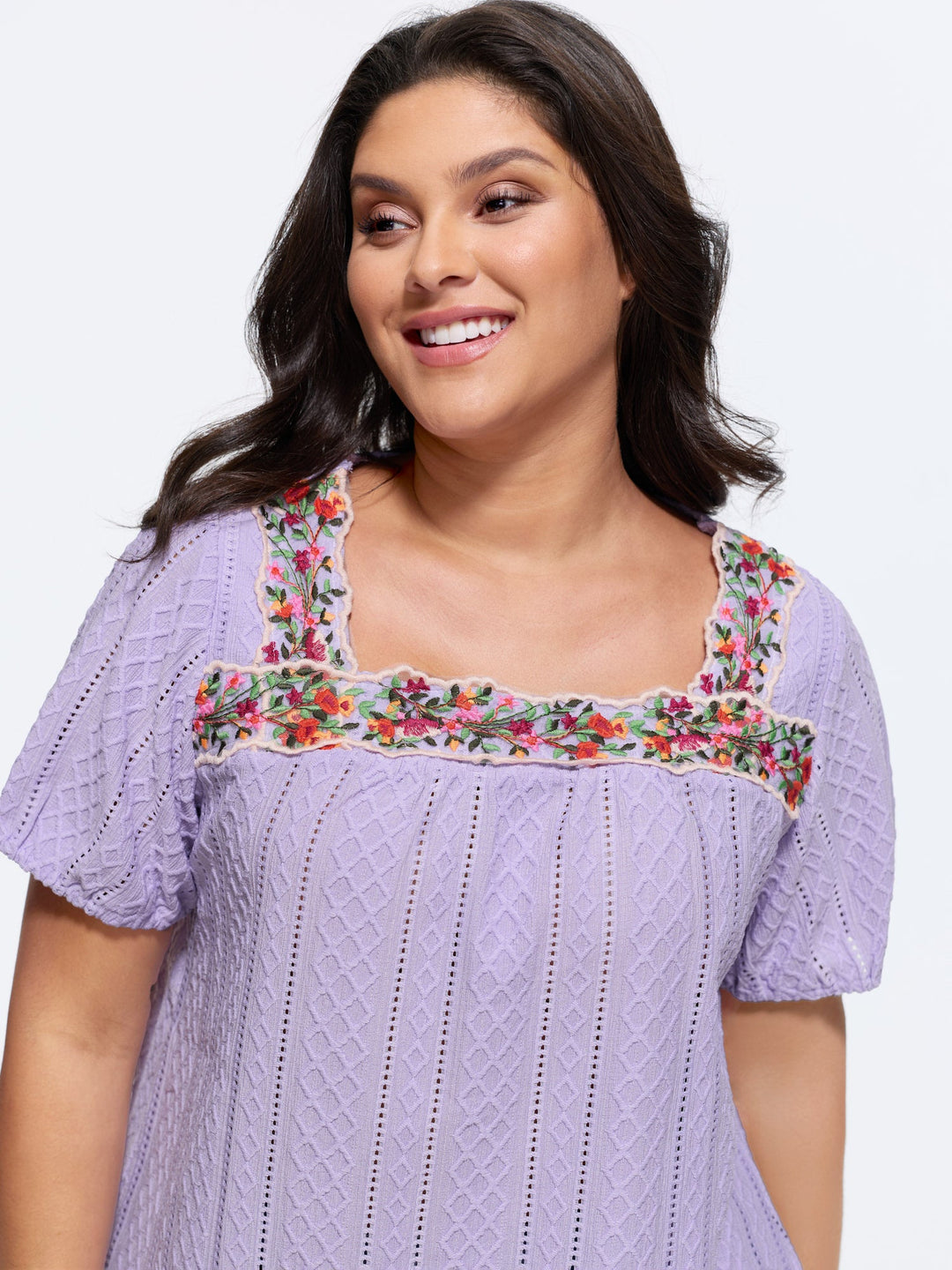 Eyelet Trim Floral Embroidered Solid T-Shirt