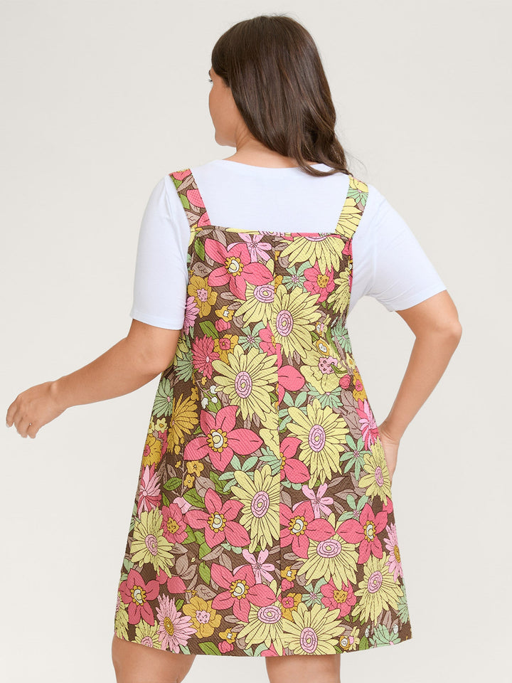 Floral Print Textured Overall Straps Dress