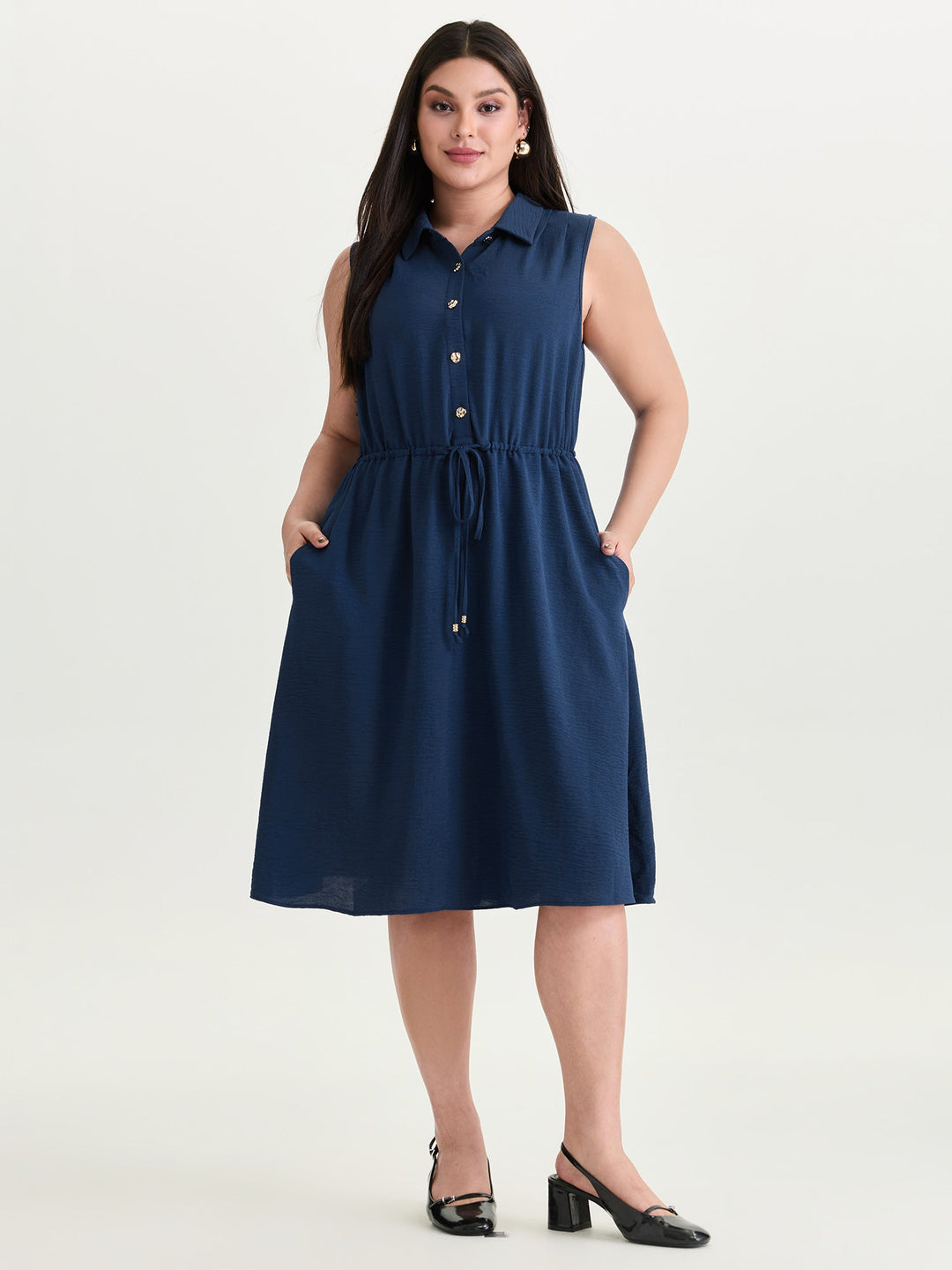 Collar Button Detail Waist Drawstring Mini Dress