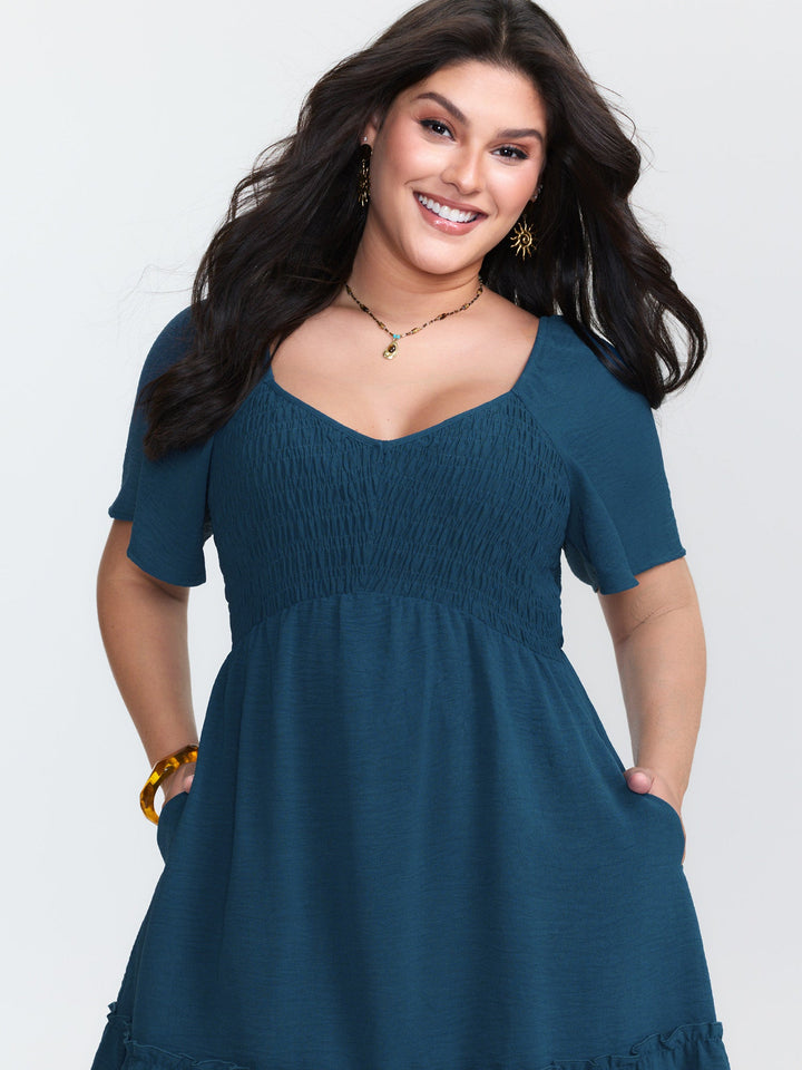 Shirred Bodice Ruffle Hem Flowy Mini Dress