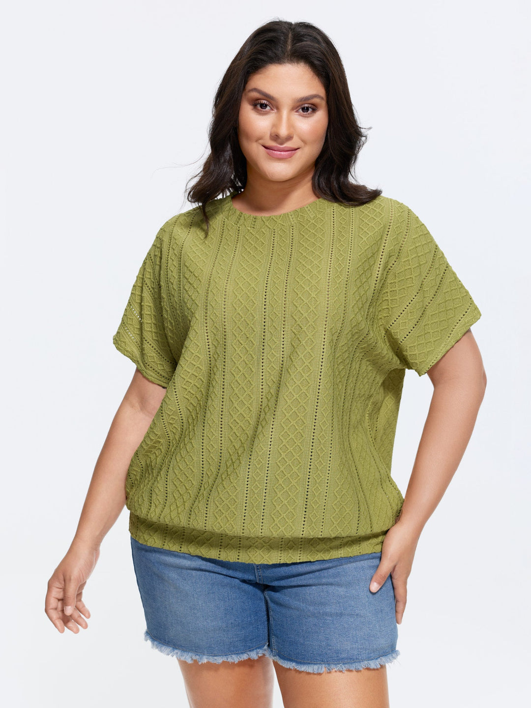 Eyelet Trim Stretchy Textured Plain Top