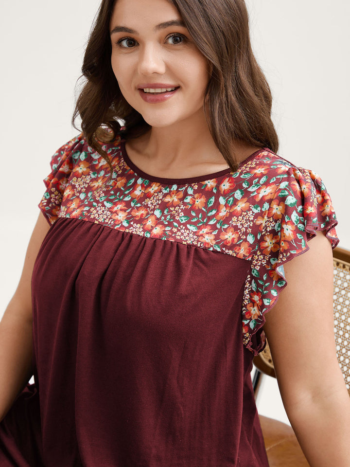 Floral Neckline Flutter Sleeve Contrast T-Shirt
