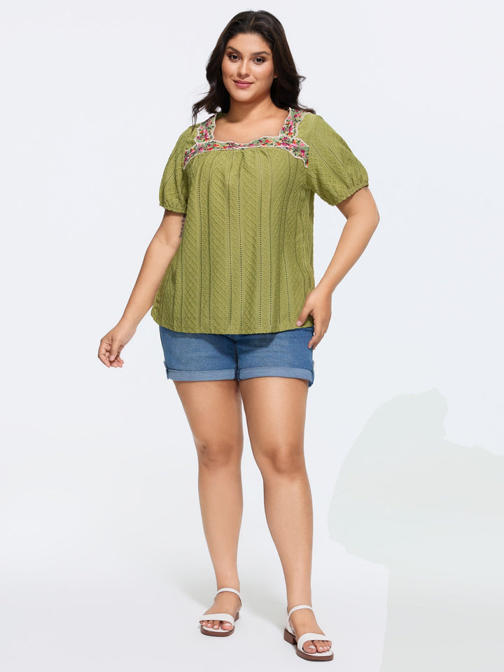 Eyelet Trim Floral Embroidered Solid T-Shirt