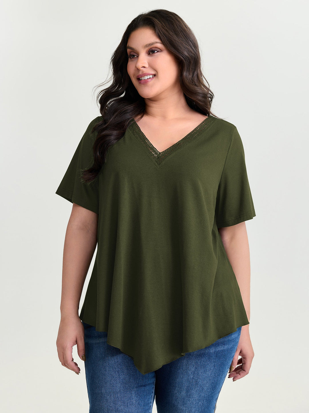 Supersoft Stretchy Draped Lace Trim Plain T-Shirt