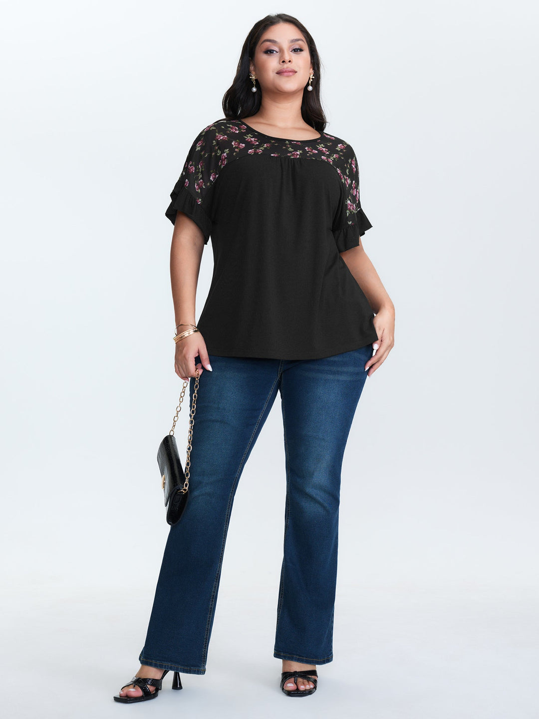 Sheer Floral Print Contrast Knit Top