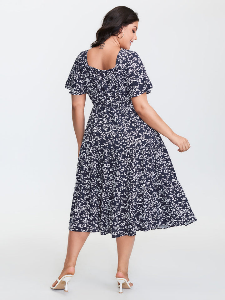 Ditsy Floral Sweetheart Drawstring Pocket Tiered Dress