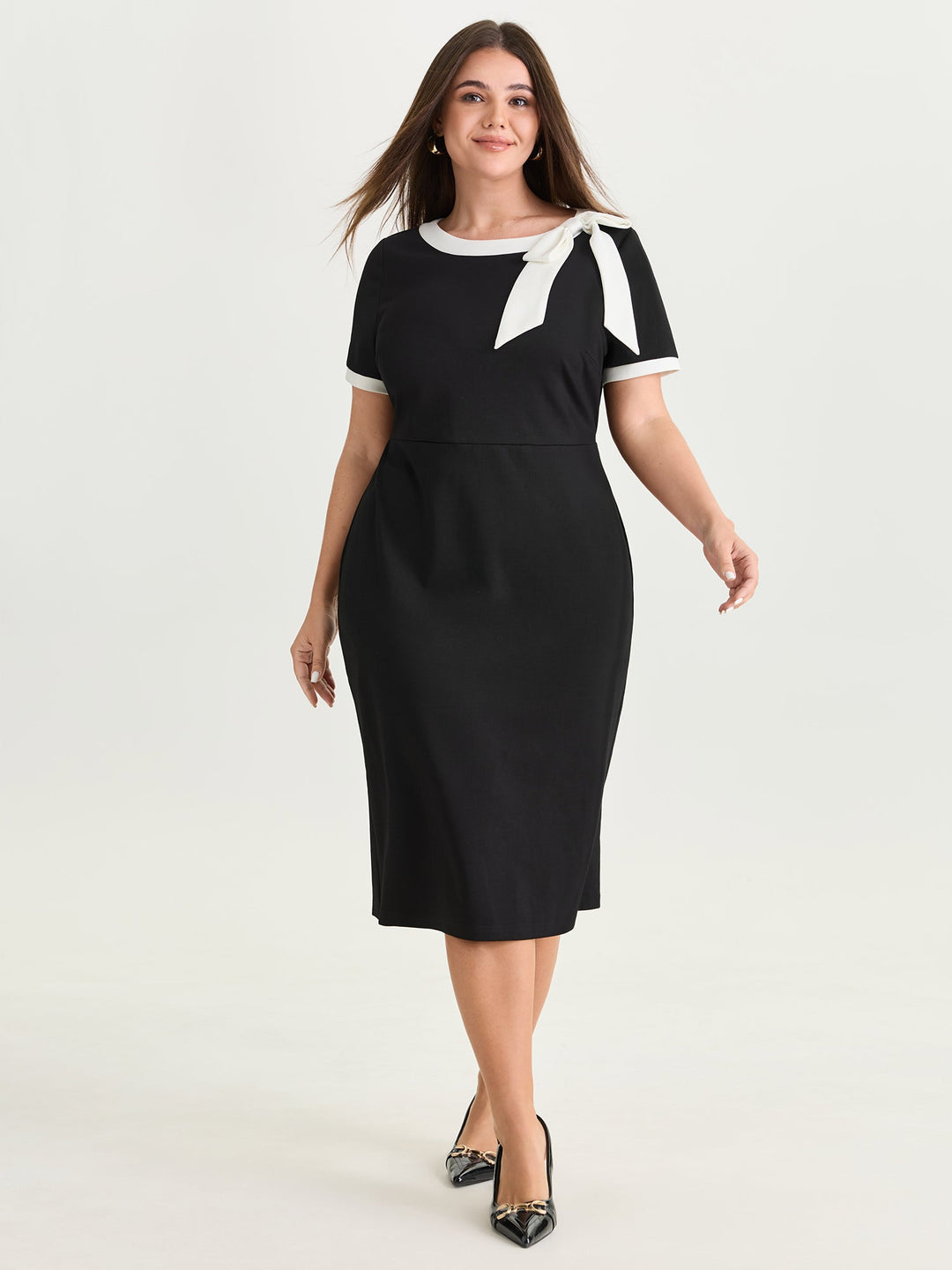 Side Bowknot Color Contrast Midi Dress