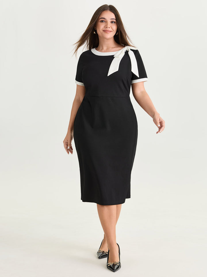 Side Bowknot Color Contrast Midi Dress