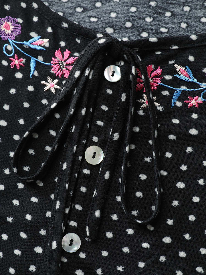 Colorful Floral Embroidered Neckline Polka Dot Top