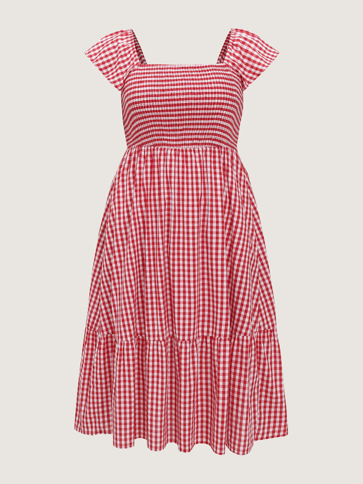 Cotton Gingham Print Shirred Bodice Midi Dress
