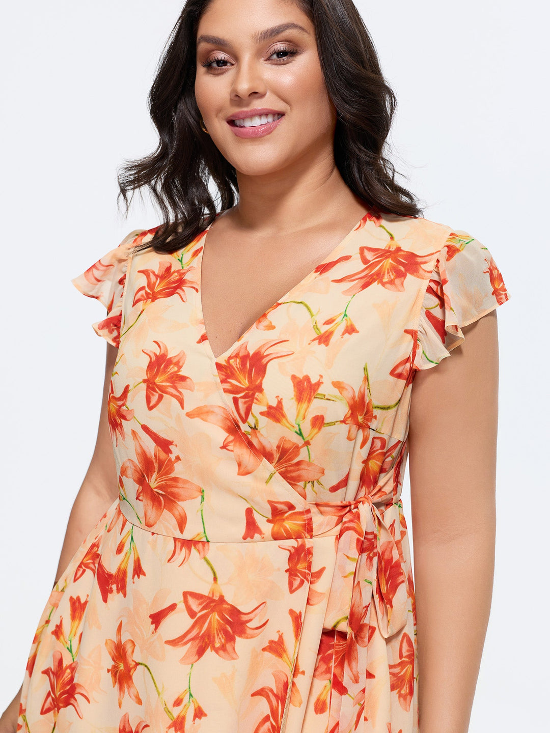 Floral Print Wrap-Tie Front High Low Hem Midi Dress