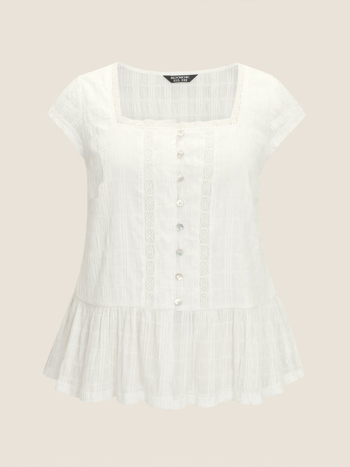 Lace Trim Sheer Ruffled Hem Blouse