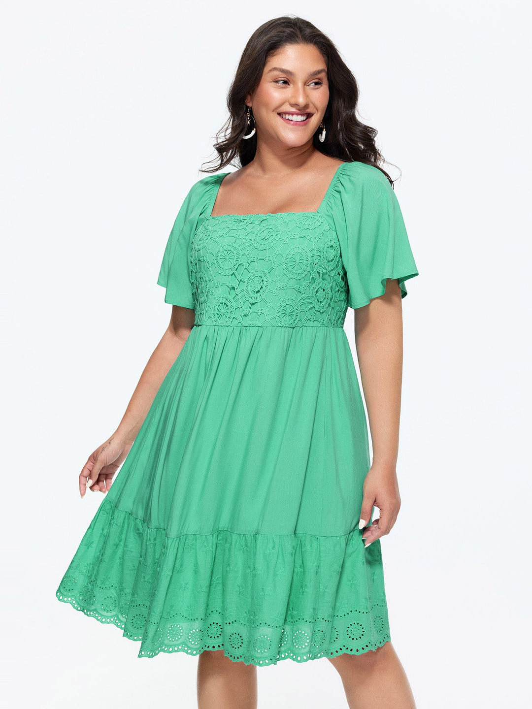 Shirred Bodice Flared Sleeve Lace Hem Mini Dress