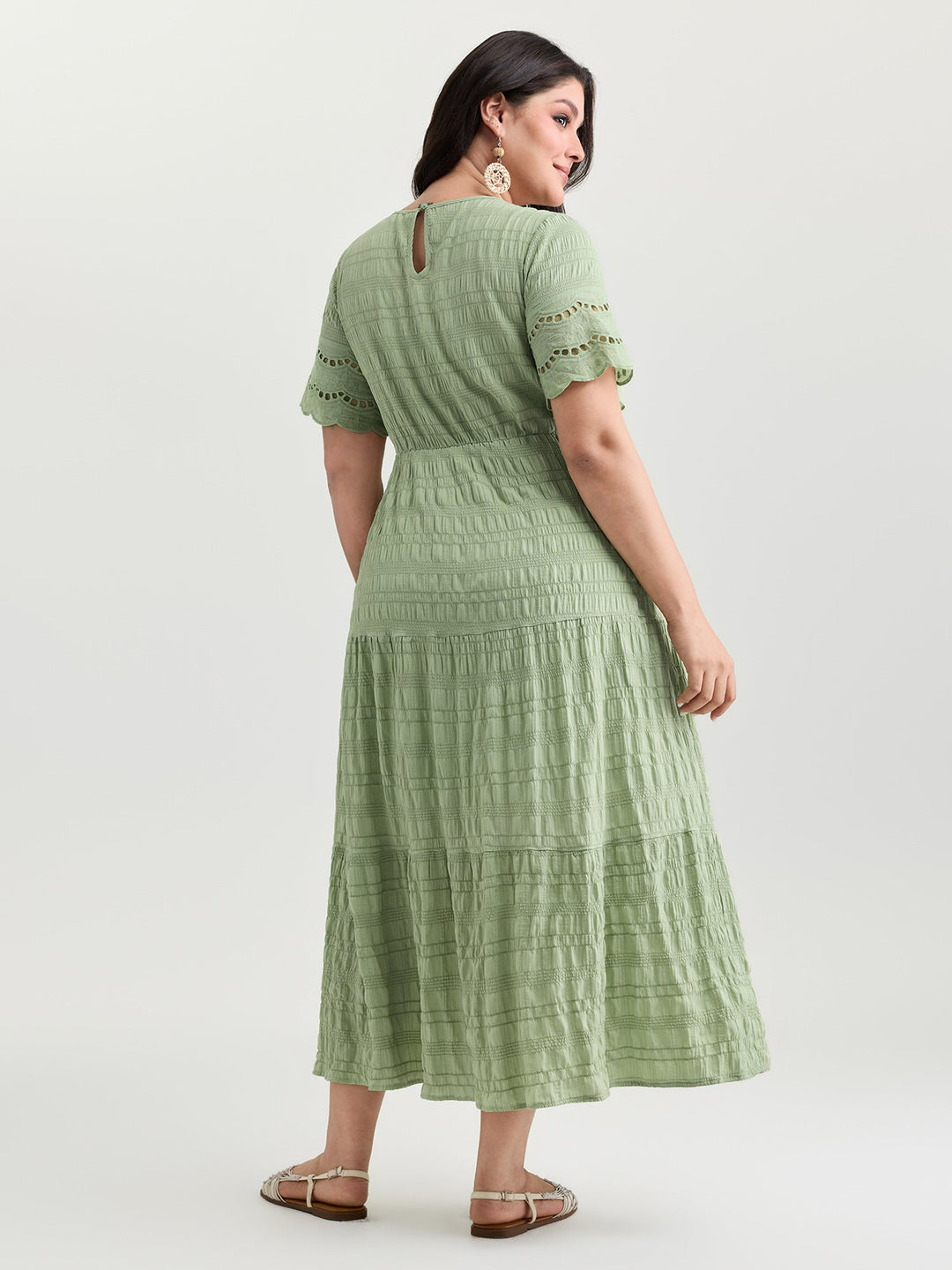 Shirred Lace Flounce Sleeve Tiered Maxi Dress