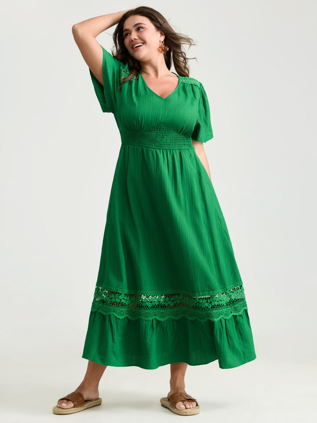 Lace Cut-Out Shirred Solid Maxi Dress