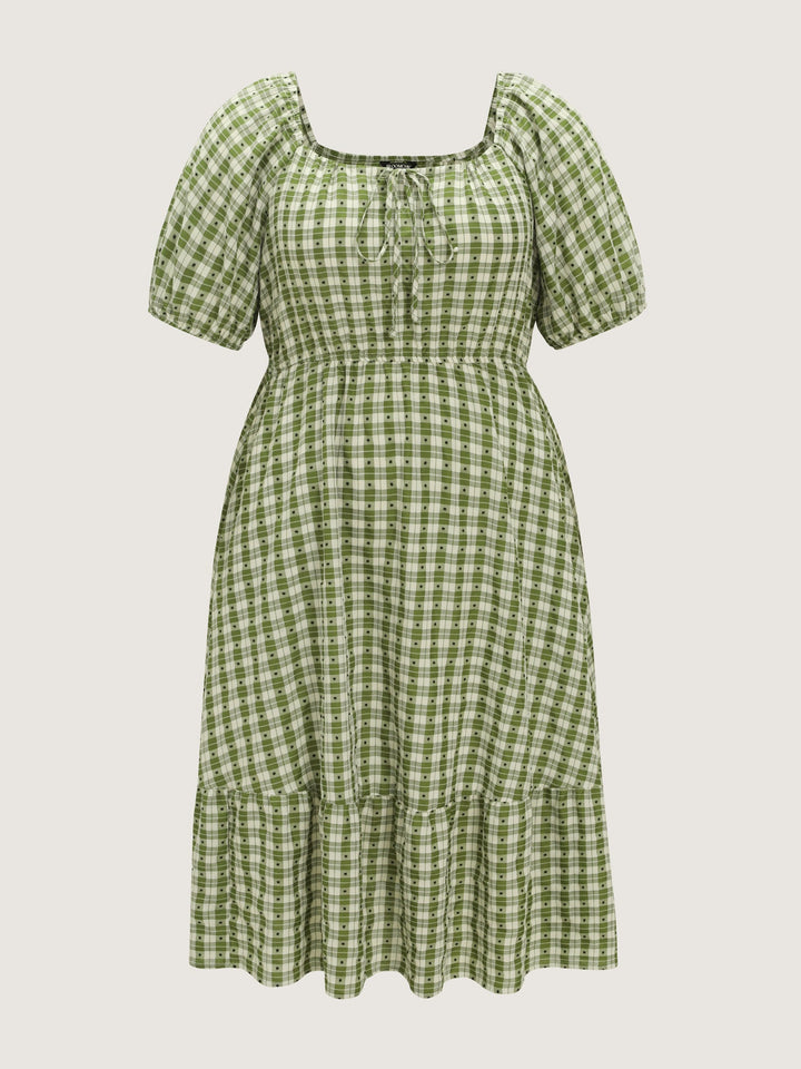 Gingham Print Adjustable Drawstring Neckline Midi Dress