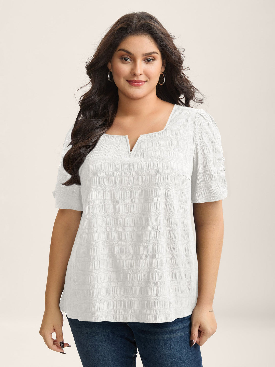 Textured Gathered Sleeve Split Neck Blouse