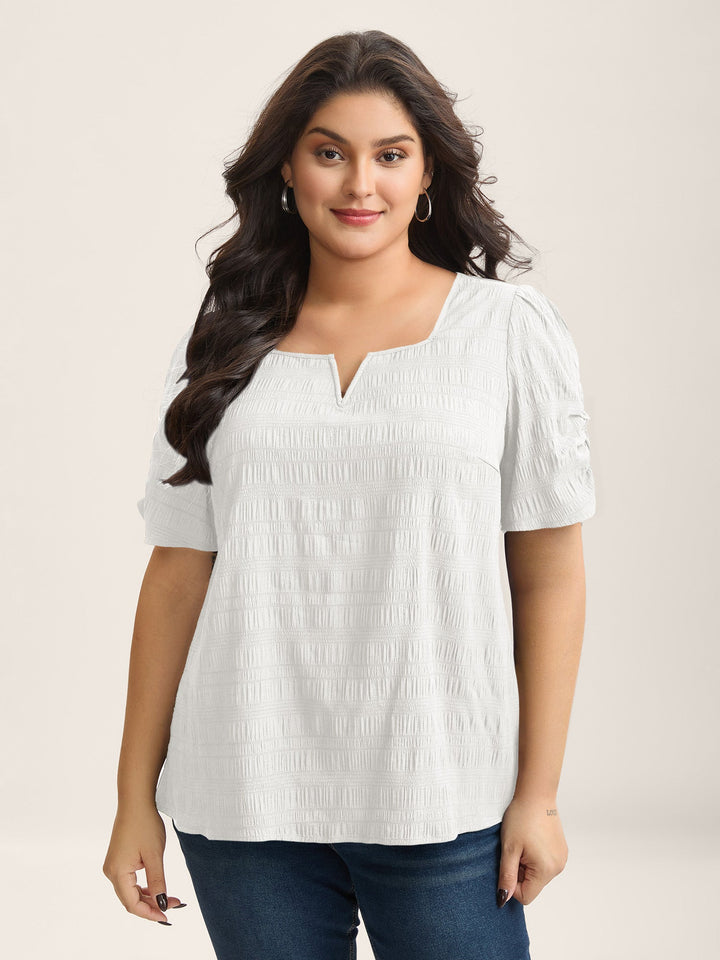 Textured Gathered Sleeve Split Neck Blouse