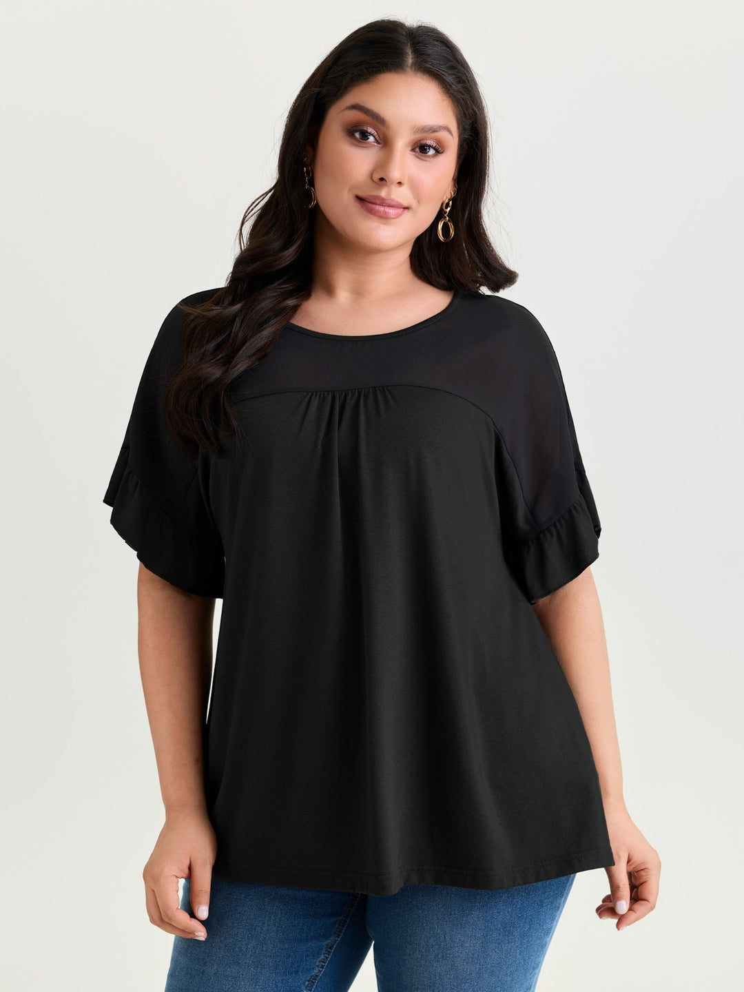 Sheer Floral Print Contrast Knit Top
