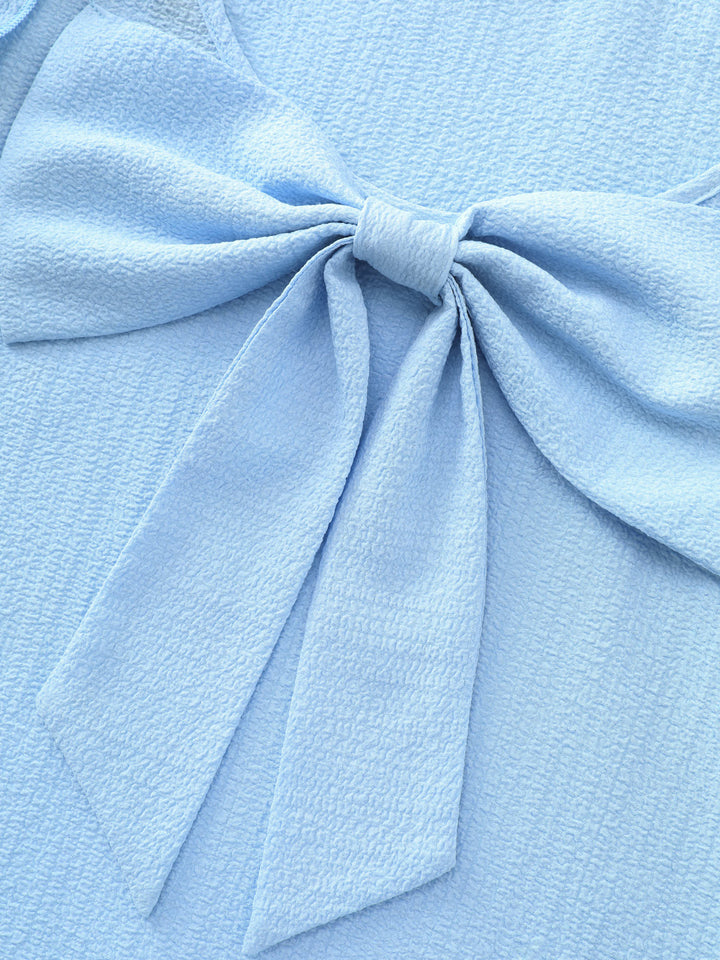 Textured Layered Flutter Sleeve Bowknot Blouse