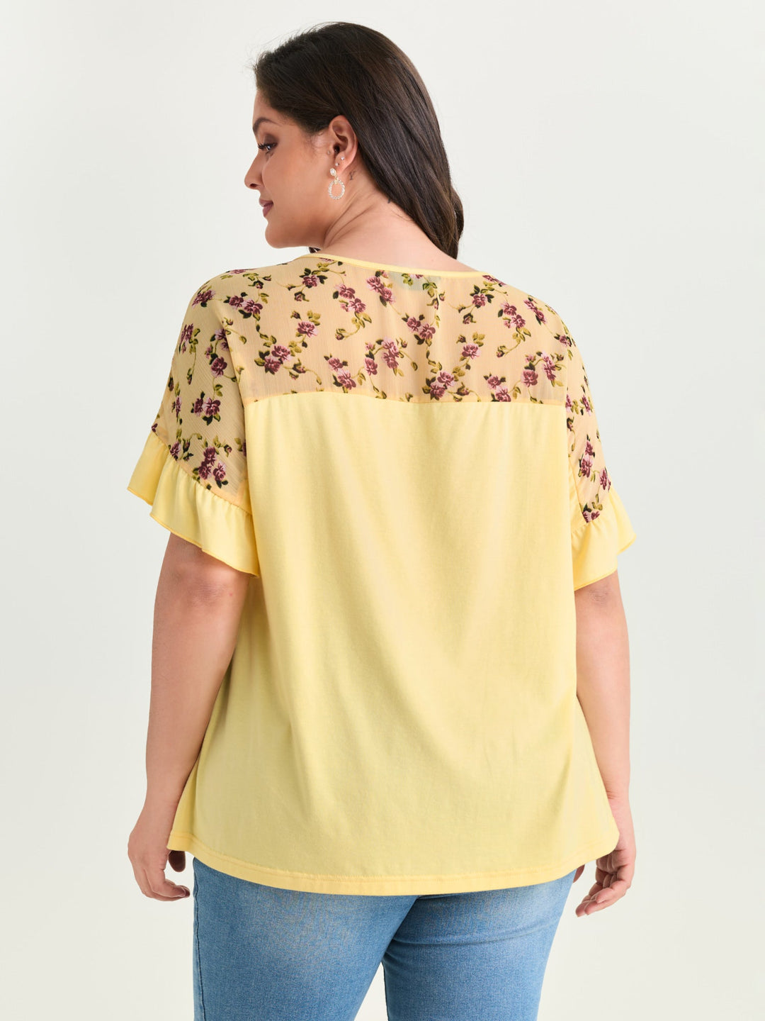 Sheer Floral Print Contrast Knit Top