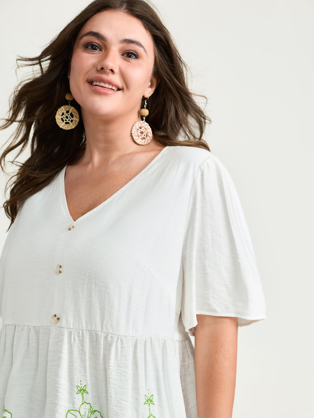 Embroidered Hemline V-Neck Babydoll Blouse