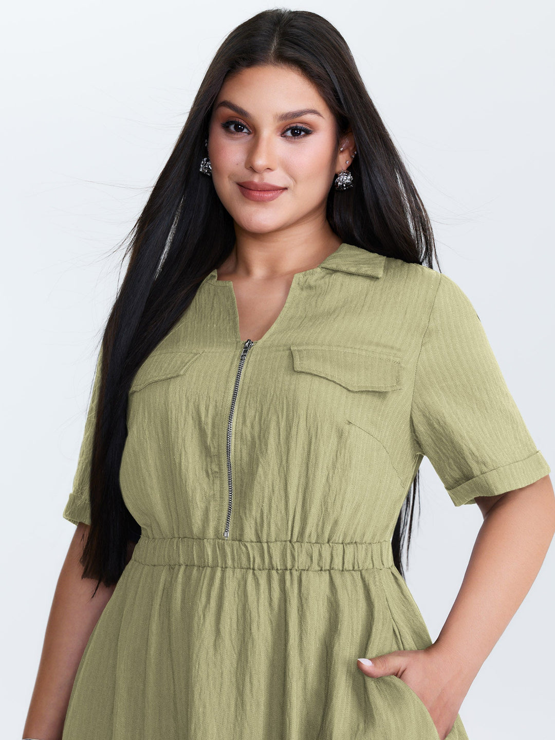 Zipper Front Collar Plain Midi Dress