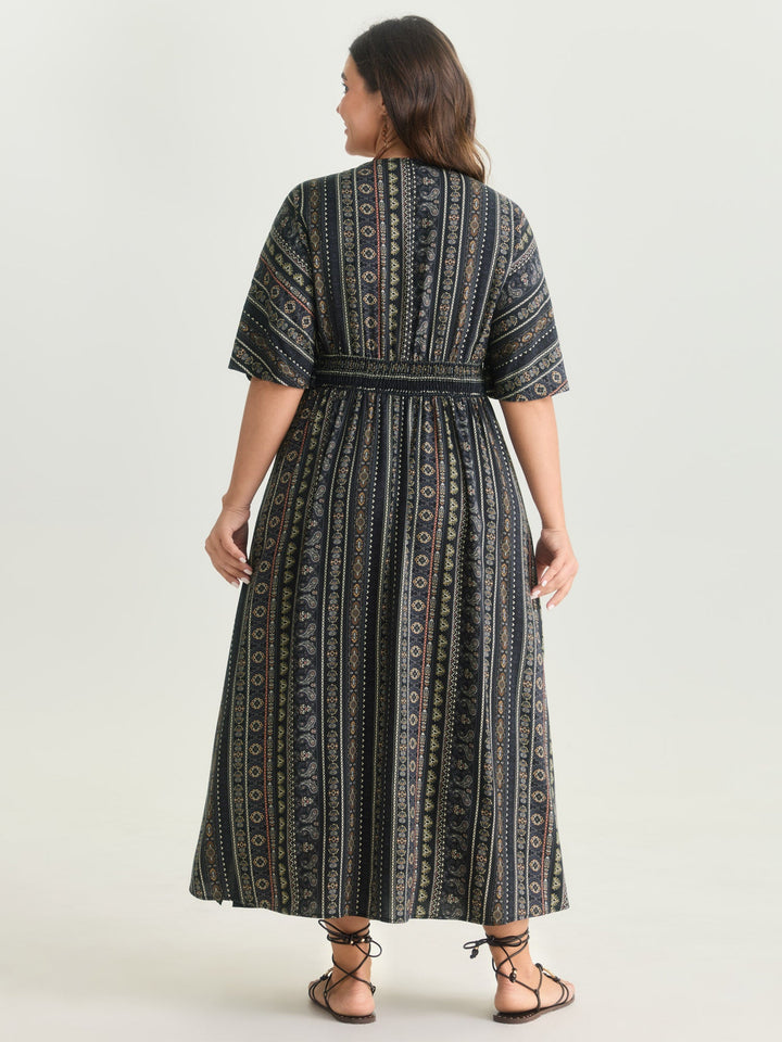 Striped Contrast Dolman Sleeve Shirred Pocket Split Flutter Dress