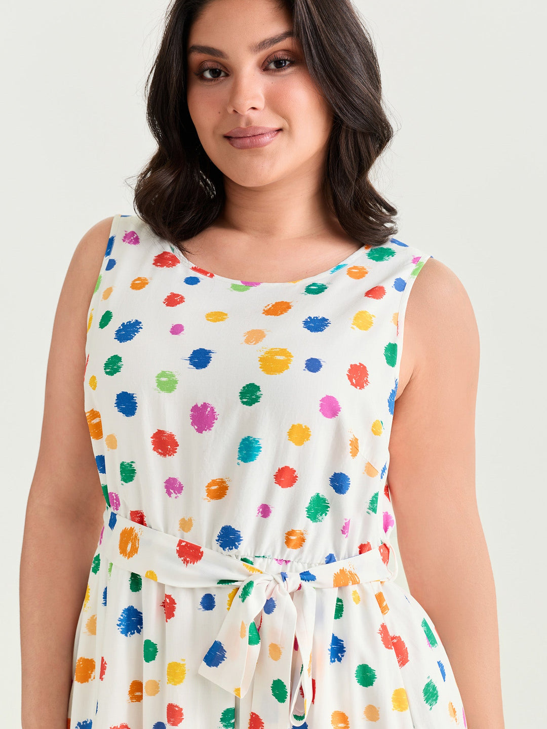 Colorful Polka Dot Waist Tie Midi Dress