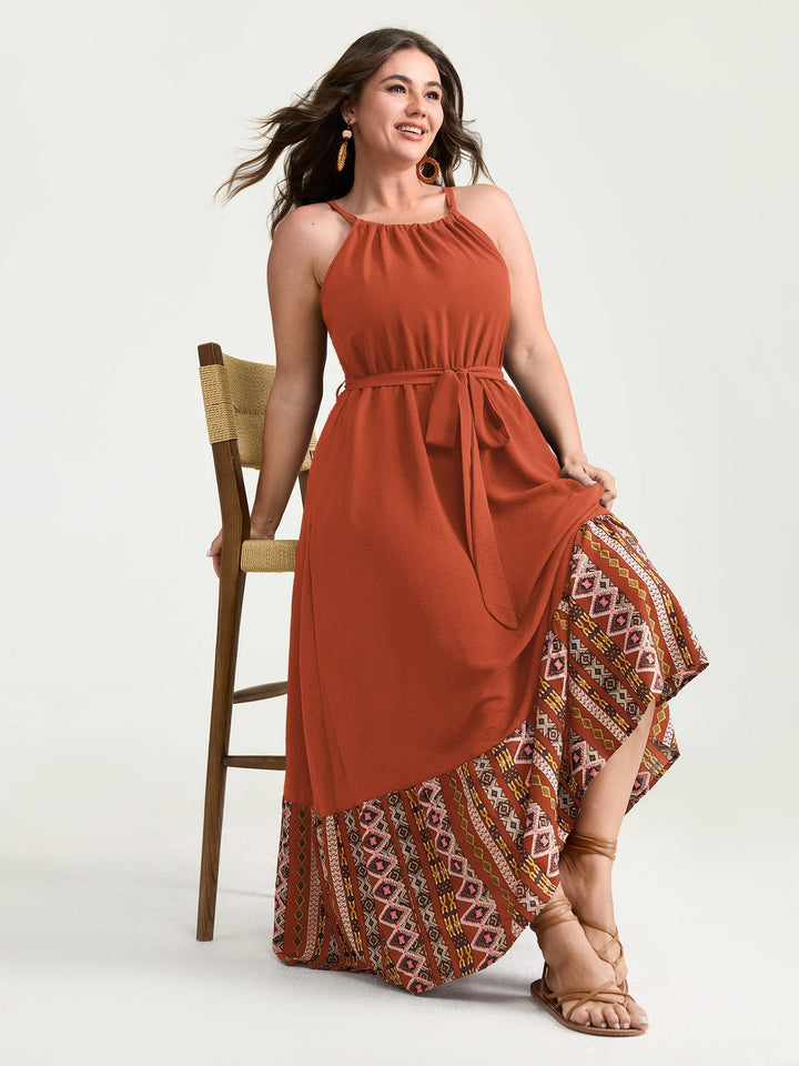 Colorful Boho Striped Hem Halter Neck Maxi Dress