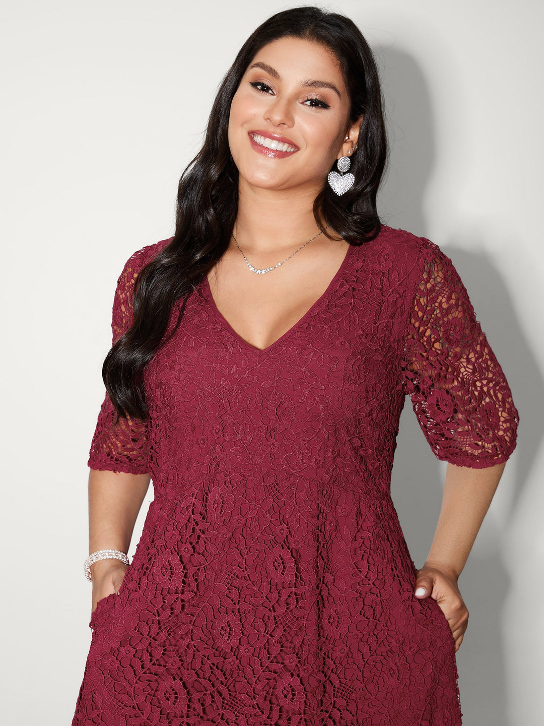 Romantic Lace Trim Puff Sleeve Midi Dress