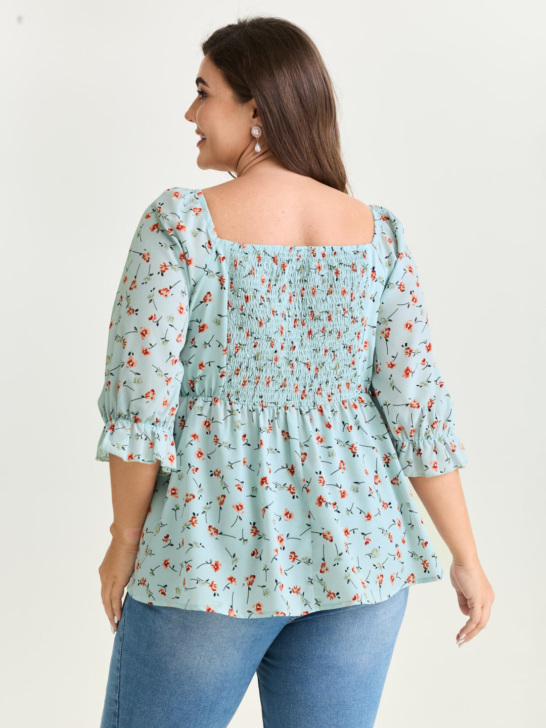 Floral Print Shirred Cuff Sleeve Blouse