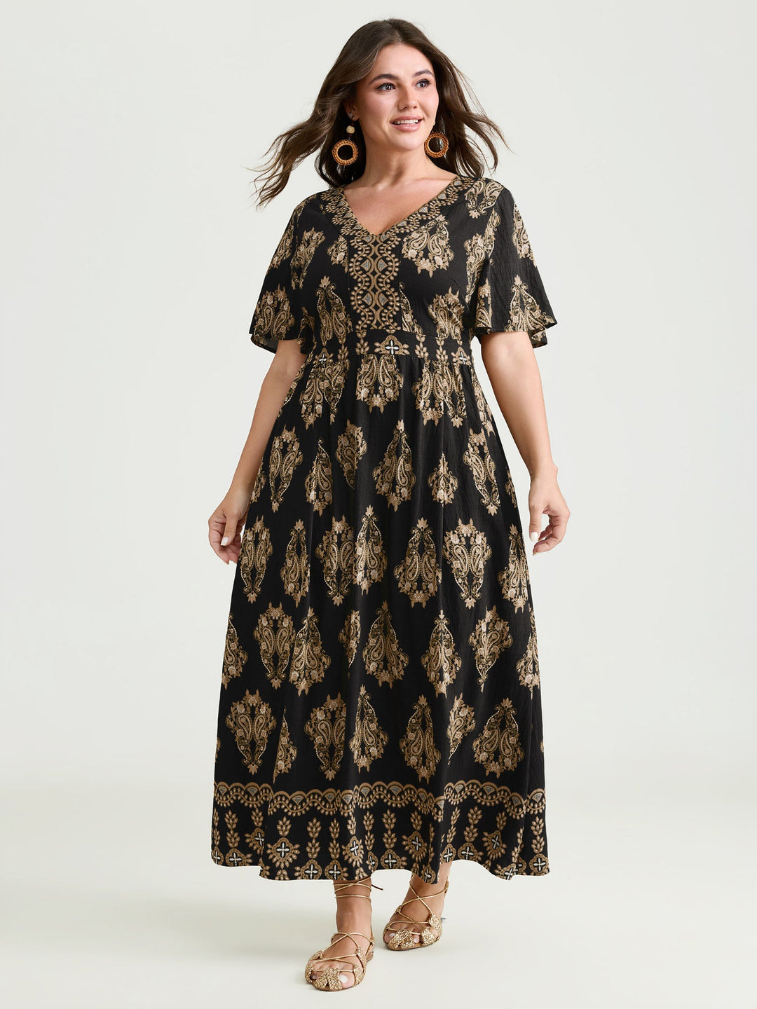 Paisley Print Pockets Shirred Waist Maxi Dress