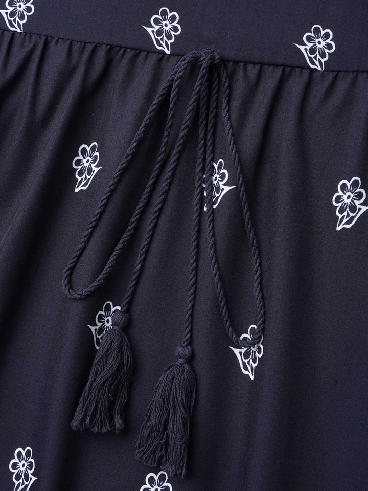 Floral Waist-Tie Notched Collar Midi Dress