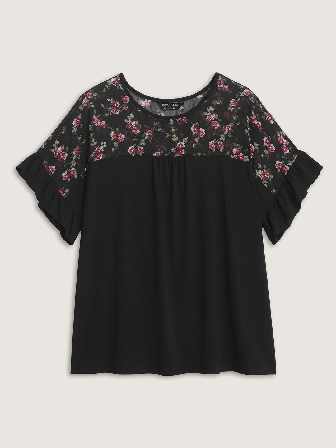 Sheer Floral Print Contrast Knit Top