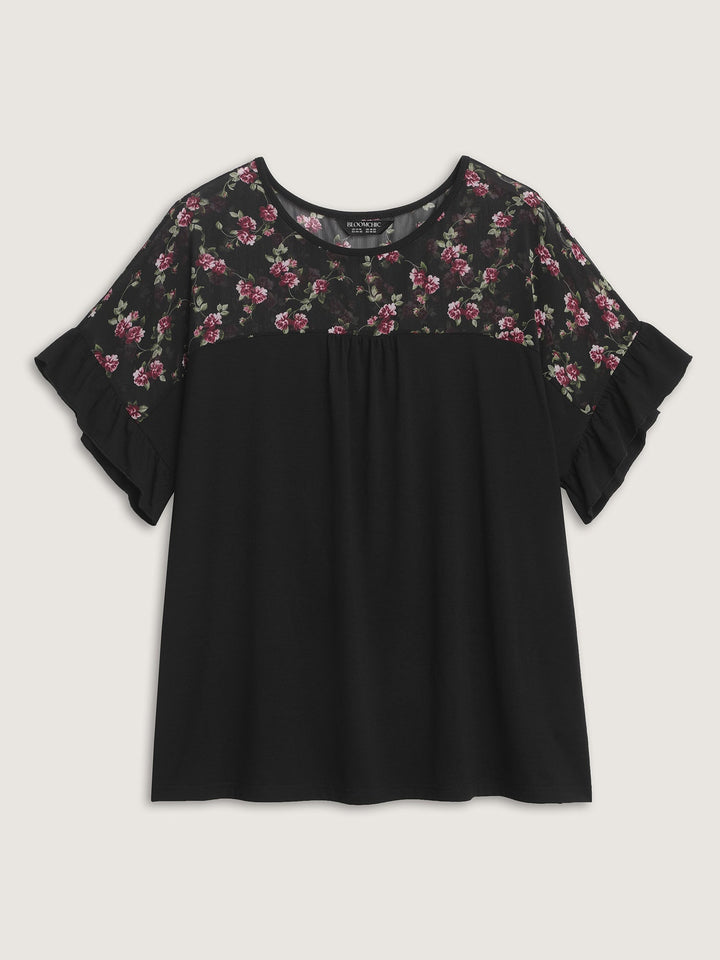 Sheer Floral Print Contrast Knit Top
