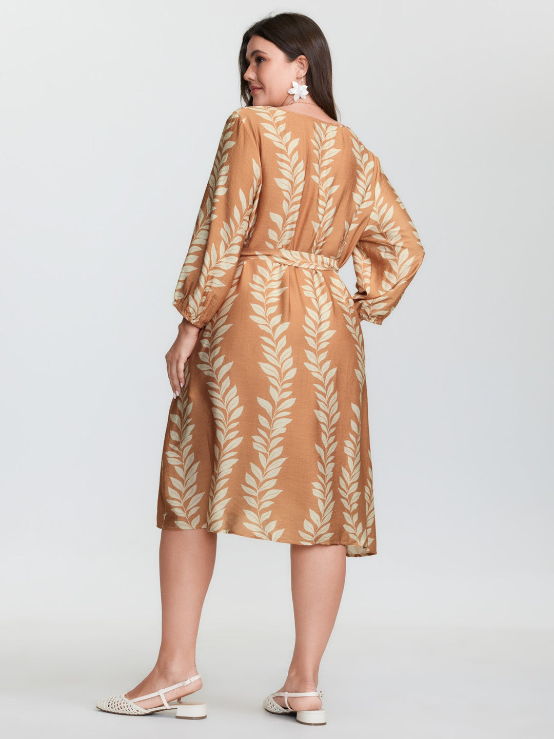 Leaf Print Waist-Tie Round Neck Mini Dress