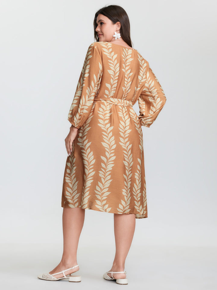 Leaf Print Waist-Tie Round Neck Mini Dress