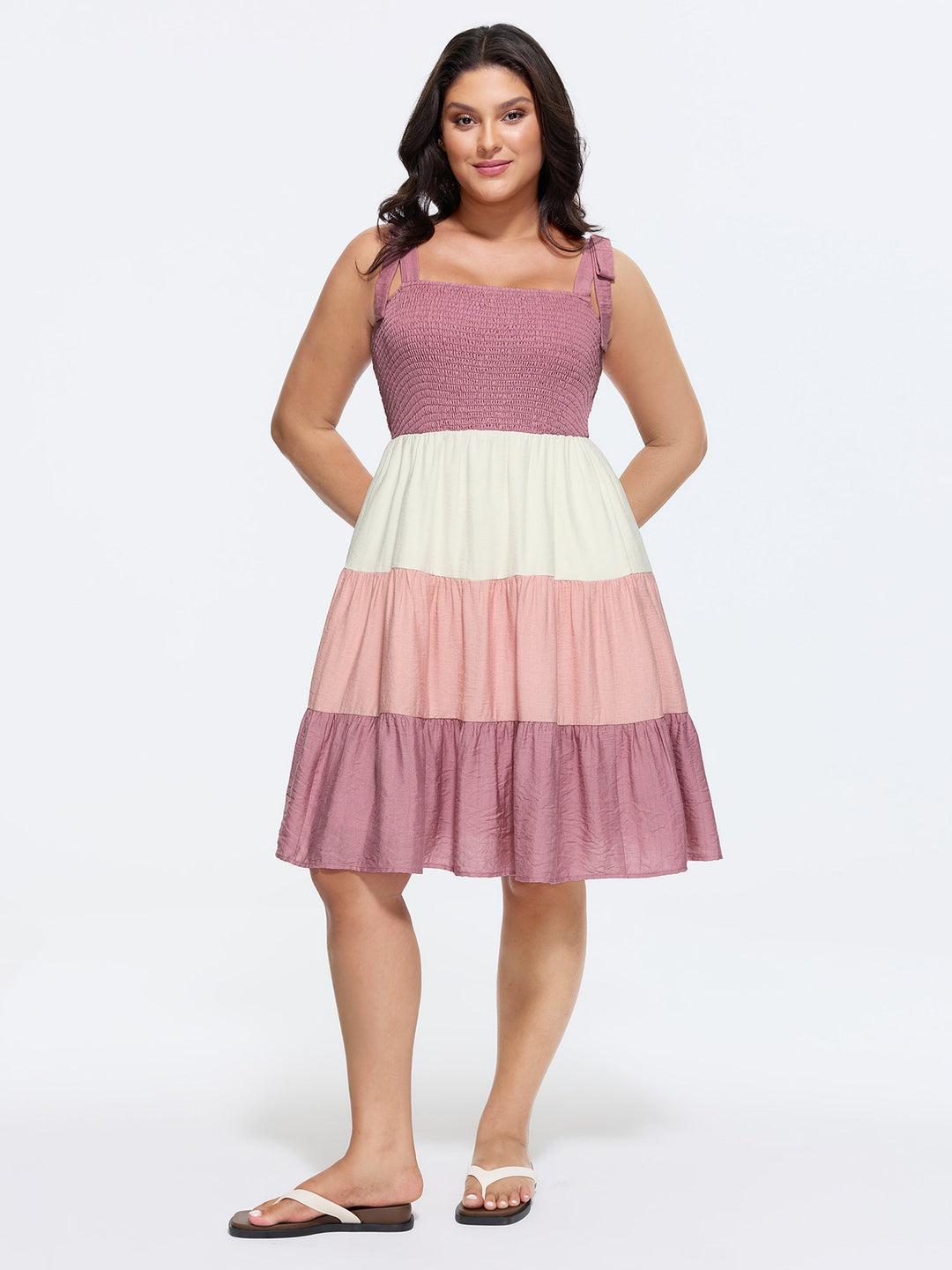 Colorblock Shirred Bodice Tiered Mini Dress